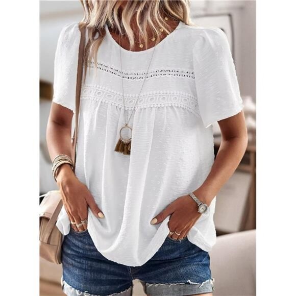 Womens Summer Tops Crewneck Short Sleeve Shirts Casual Chiffon Blouses Flowy - Picture 4 of 5